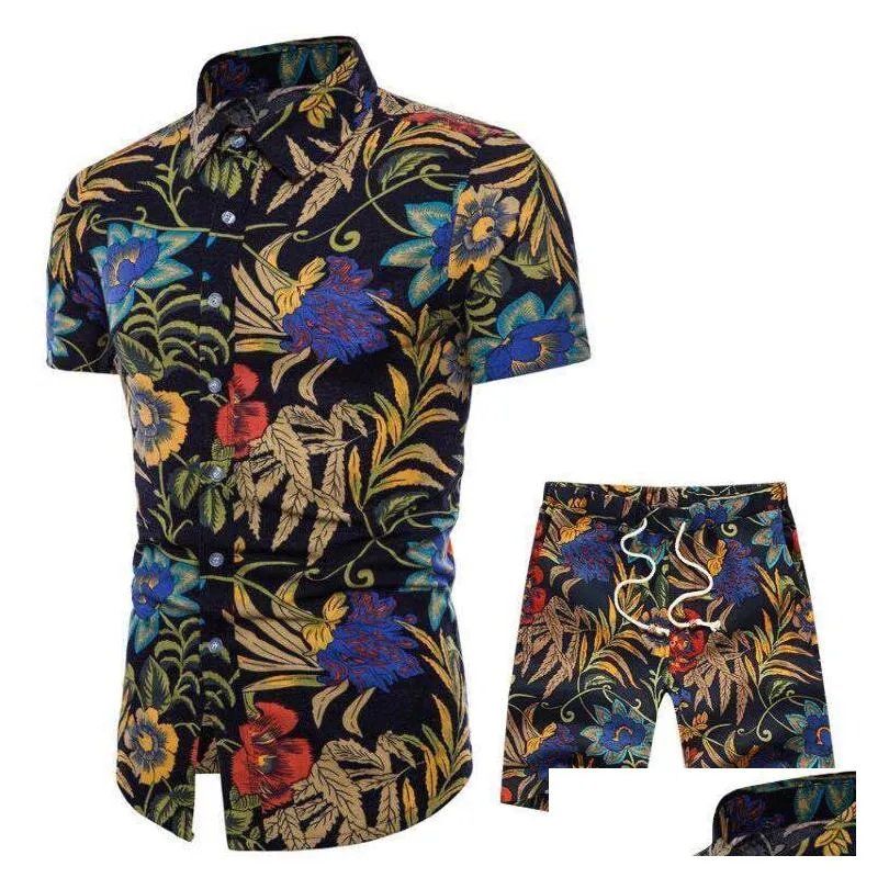 Fashion-Mens Summer Designer Suits Beach Seaside Holiday Shirts Shorts Clothing Sets 2pcs Floral Tracksuits