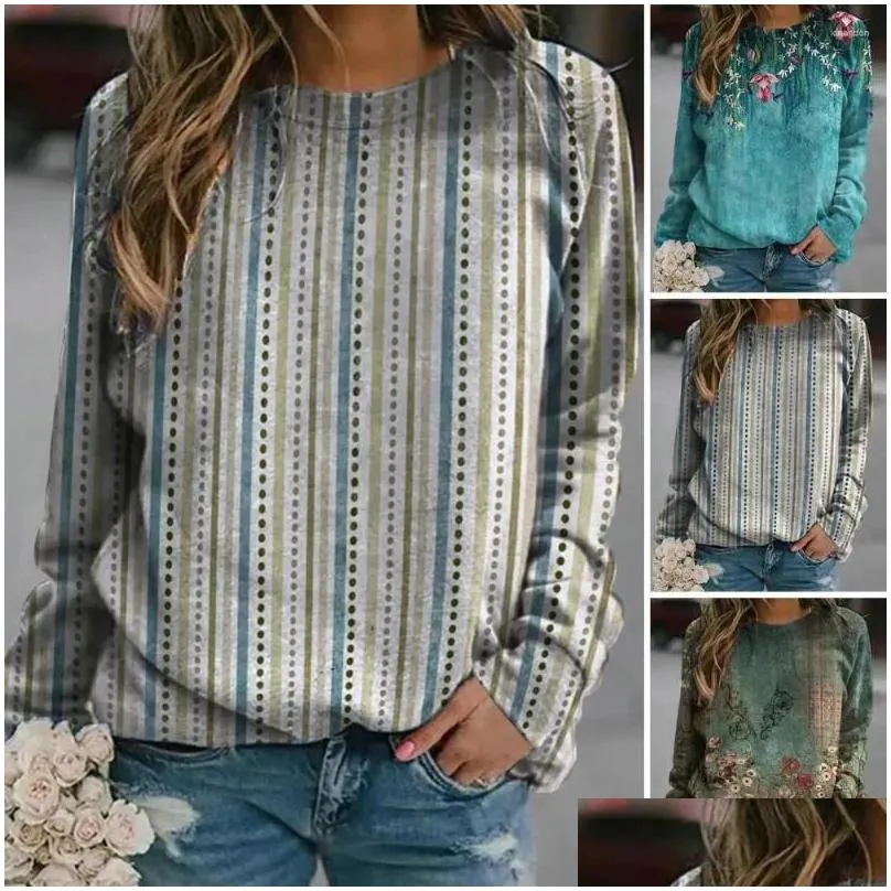 Women`s Hoodies Round Neck Sweatshirt Vintage Floral Striped Print Ethnic Style Loose Pullover For Women Long Sleeve T-shirt Blouse