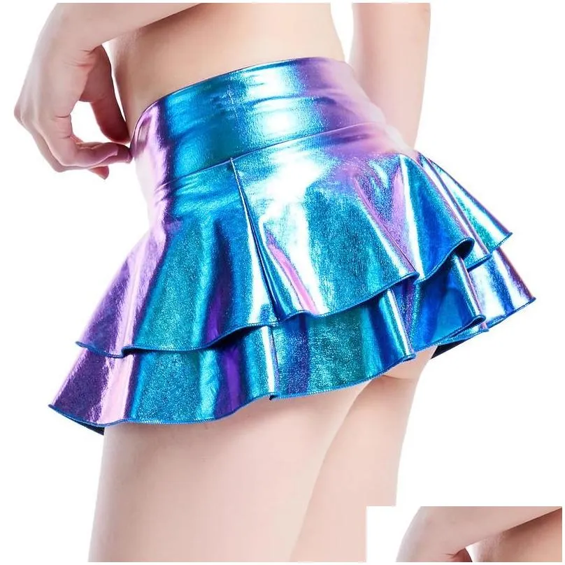 Skirts Shiny Women PU Leather WetLook Sexy Lady Girls Pleated Skirt Party Night Stage Dance Clubwear PVC Metallic Miniskirts