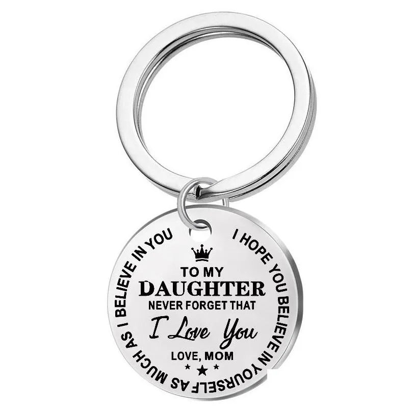 Keychains & Lanyards Personalized To My Son Stainless Steel Keychain Engraved Daughter Love Mom Keyring Heart Key Chains Charm Pendan Dhexb