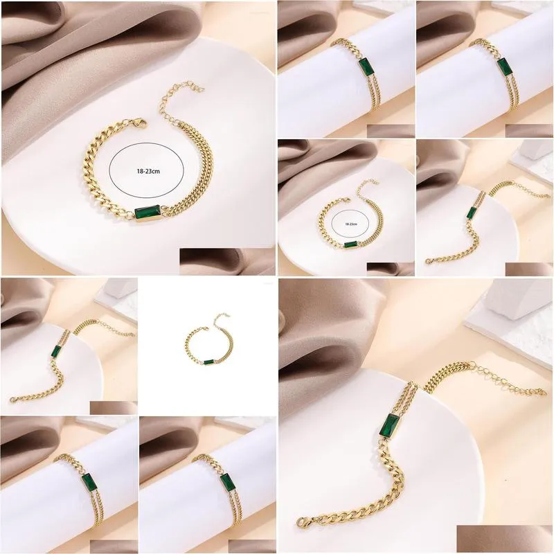 Chain Link Bracelets Simple Gold Plating Geometric Charm Wrist Bangles Shiny Green Crystal Bracelet For Women Girl Exquisite Jewelry Dh5P7