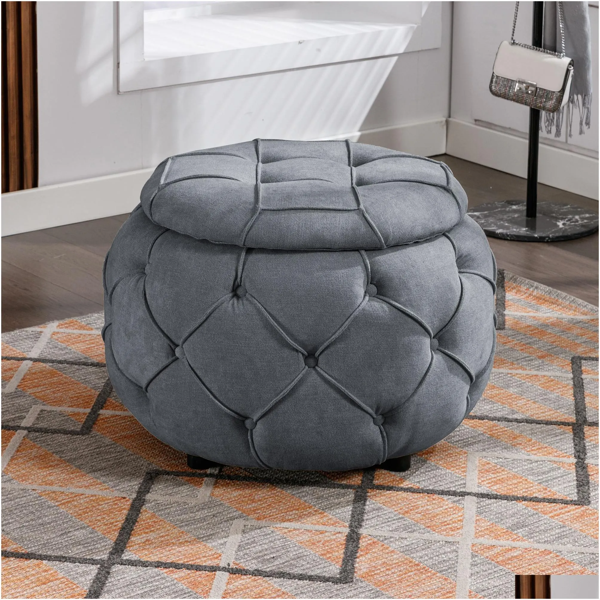 Large Button Tufted Woven Round Storage Footstool,Suitable for living room, bedroom,Grey