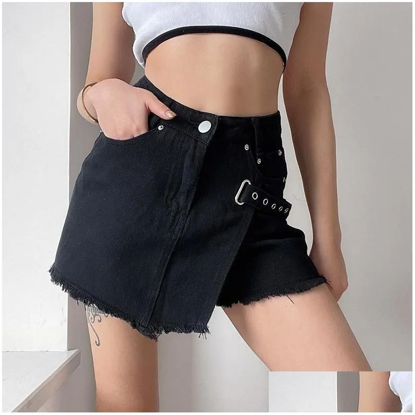 Black Goth Bandage Mini Denim Shorts Skirt Vintage Y2k Gothic Fringe Jeans Punk Lolita Kawaii High Waist Women Skirts