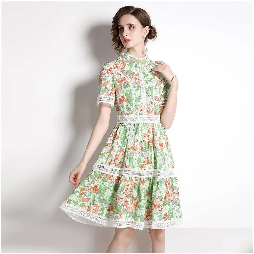 2022 Summer Boutique Womens Floral Dress Short Sleeve Retro Ruffle Dress High-end Fashion Lady Printed Dresses Office Runway Dresses
