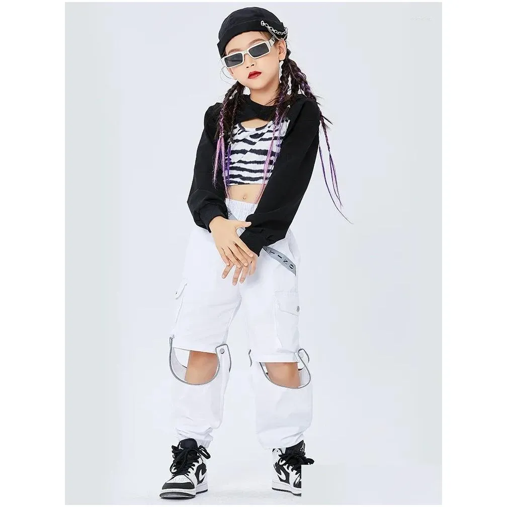 Stage Wear 2023 Jazz Dance Performance Costumes For Kids Black Crop Tops Loose White Pants Suit Girls Hip Hop Clothes DQS8212