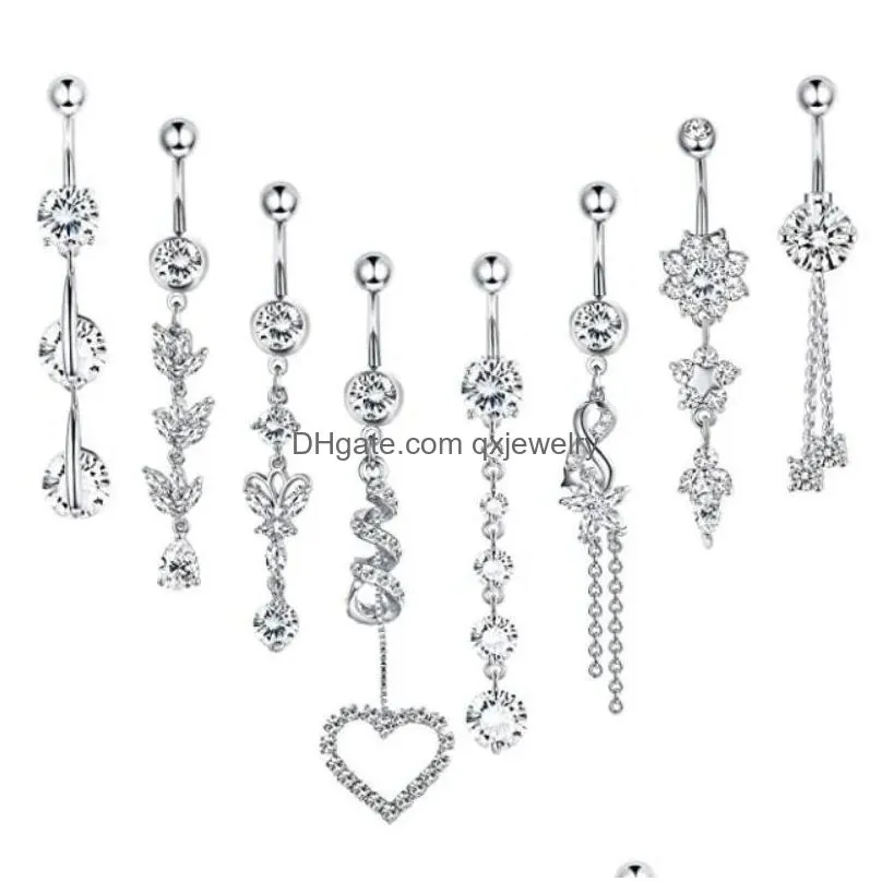 Navel & Bell Button Rings Zircon Belly Bar Stainless Steel Navel Ring Chain Tassel Pendant Pin Accessories Set 16Pcs Lot Piercing Kit Dhxqm