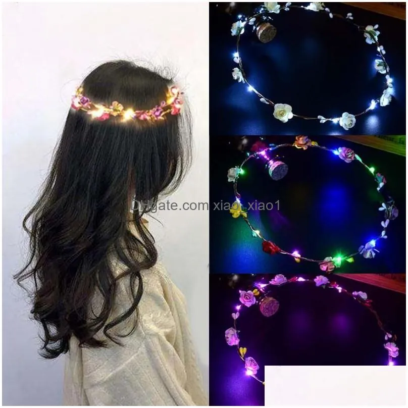 women girls led light up flower headband flashing glow crown party hair wreath hairband luminous garlands