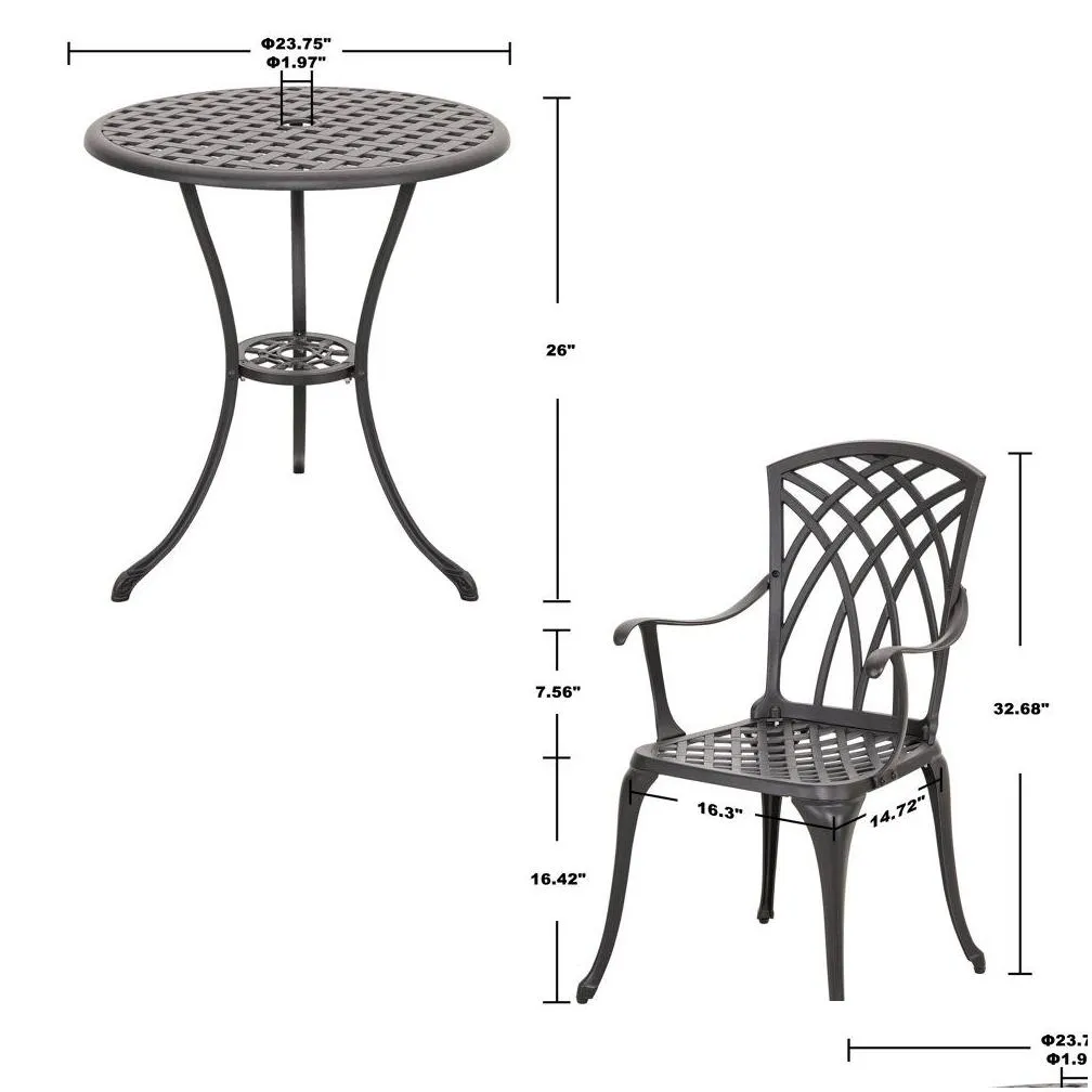 Piece Patio Bistro Sets Cast Aluminum Bistro Table Set Outdoor Patio Furniture with Umbrella Hole for Patio Balcony, Black with Golden