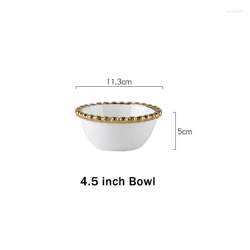 Plates Nordic Ceramic Dinner Plate With Gold Beaded Rim Round Dessert Appetizer Serving Dishes Soup Salad Bowl Snack Container