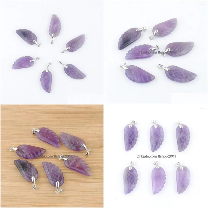 pendant necklaces 6pcs/lot natural amethysts stone angel wing charm for purple crystal wedding decoration jewelry in3530