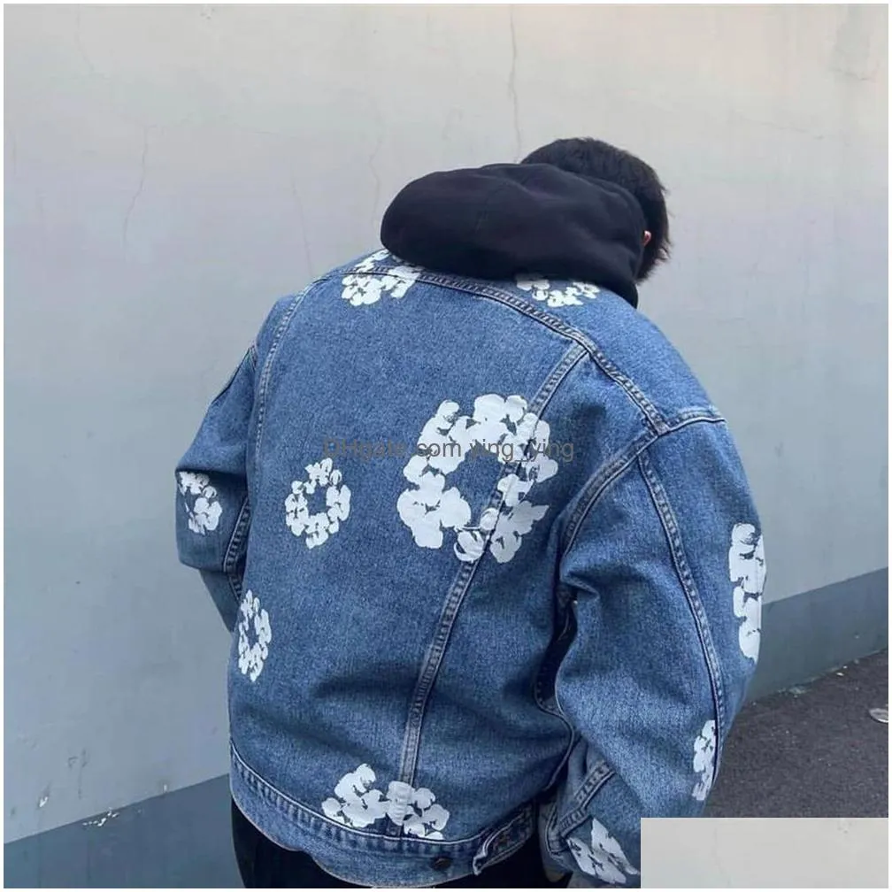 high street full print denim jacket for men baggy jeans coat casual outwear clothes oversized