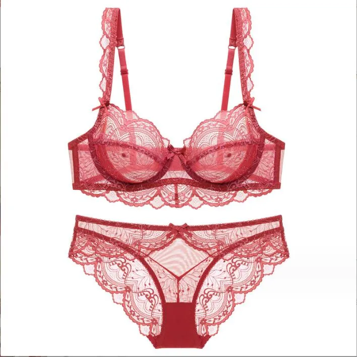 european and american sexy underwear womens ultra-thin hollow no sponge transparent lace underwear big chest show small plus size bra set