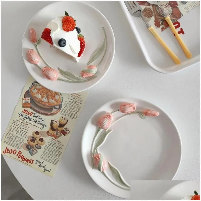 Plates INS Wind 3D Tulip Ceramic Dessert Plate Breakfast Bowl Girl Heart Cute Cake Tableware Ritual Decoration