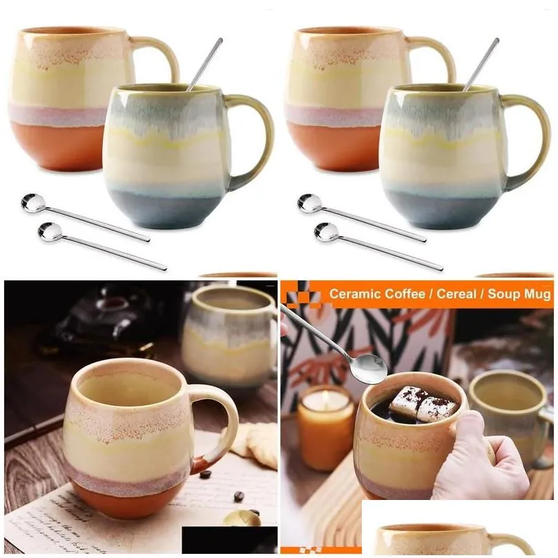 Mugs Porcelain 16 Oz For Coffee Mug Set With Spoons 2-Pack Ceramic Tea Soup Cocoa Funny Cups Drop Delivery Home Garden Kitchen Dining