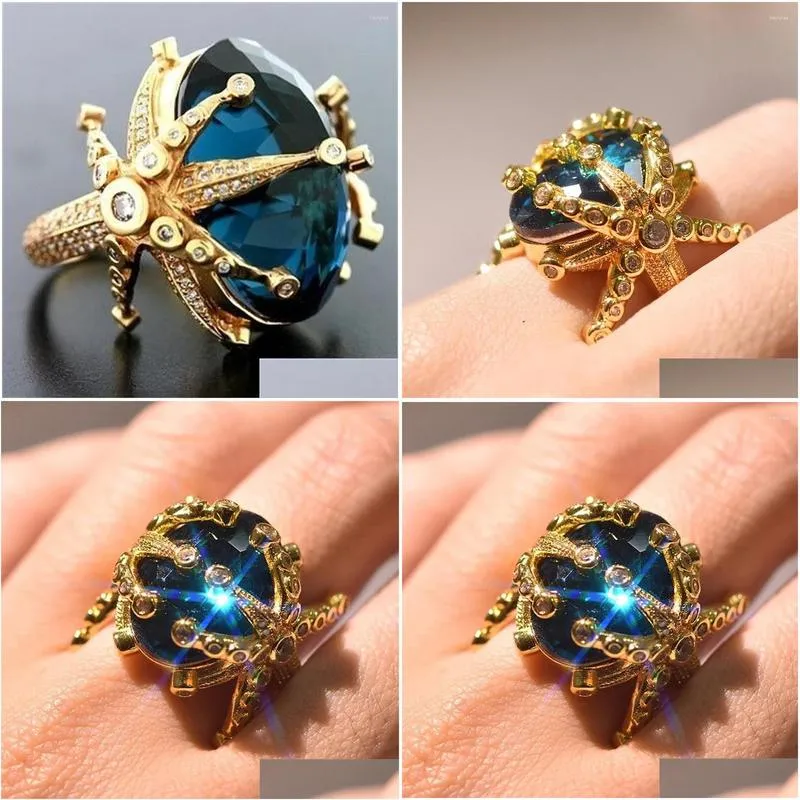 Cluster Rings Fishion 14K Gold Color Sapphire Gemstone Ring For Women Peacock Blue Topaz Stone Dainty 925 Jewelry Birthday Gift Mom D Dheb2