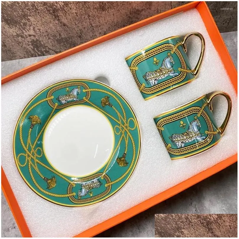 Cups Saucers Golden Horse Design Bone China Coffee And Tableware Plates Dishes Afternoon Tea Drinkware