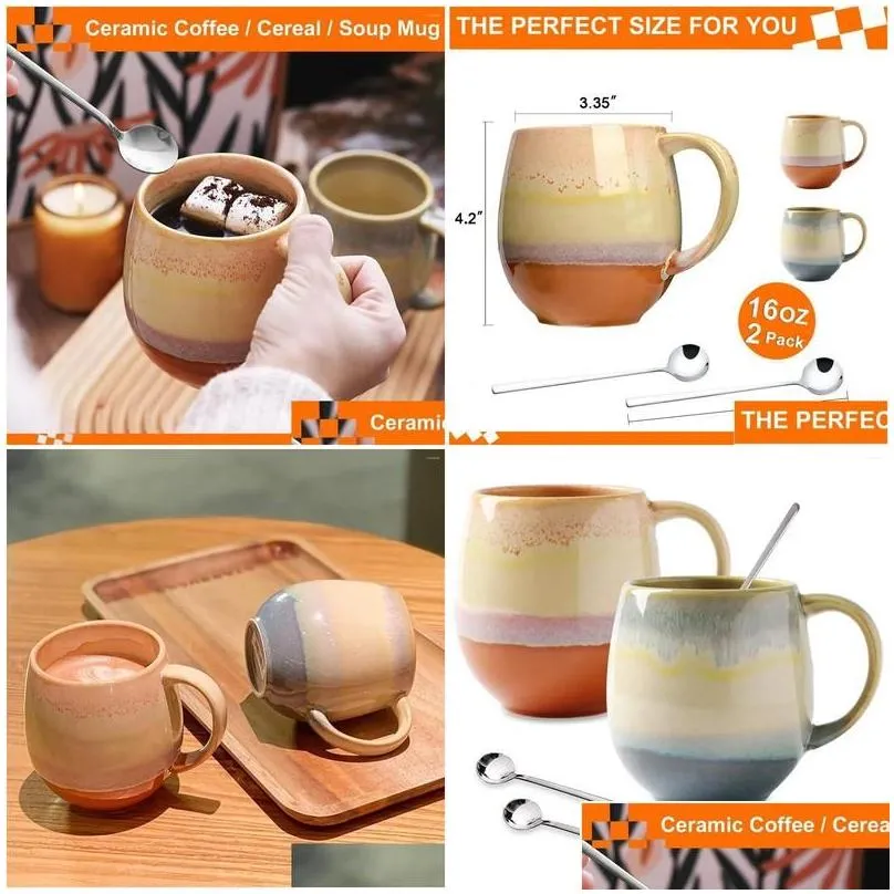 Mugs Porcelain 16 Oz For Coffee Mug Set With Spoons 2-Pack Ceramic Tea Soup Cocoa Funny Cups Drop Delivery Home Garden Kitchen Dining