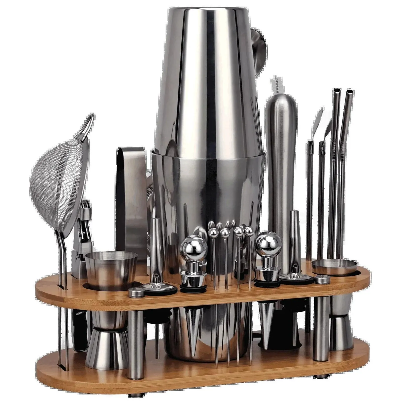 Bar Tools 23-Piece Cocktail Shaker Set Bartender Kit With Oval Bamboo Stand Detachable Home Bar Tools Stainless Steel Perfect Gift