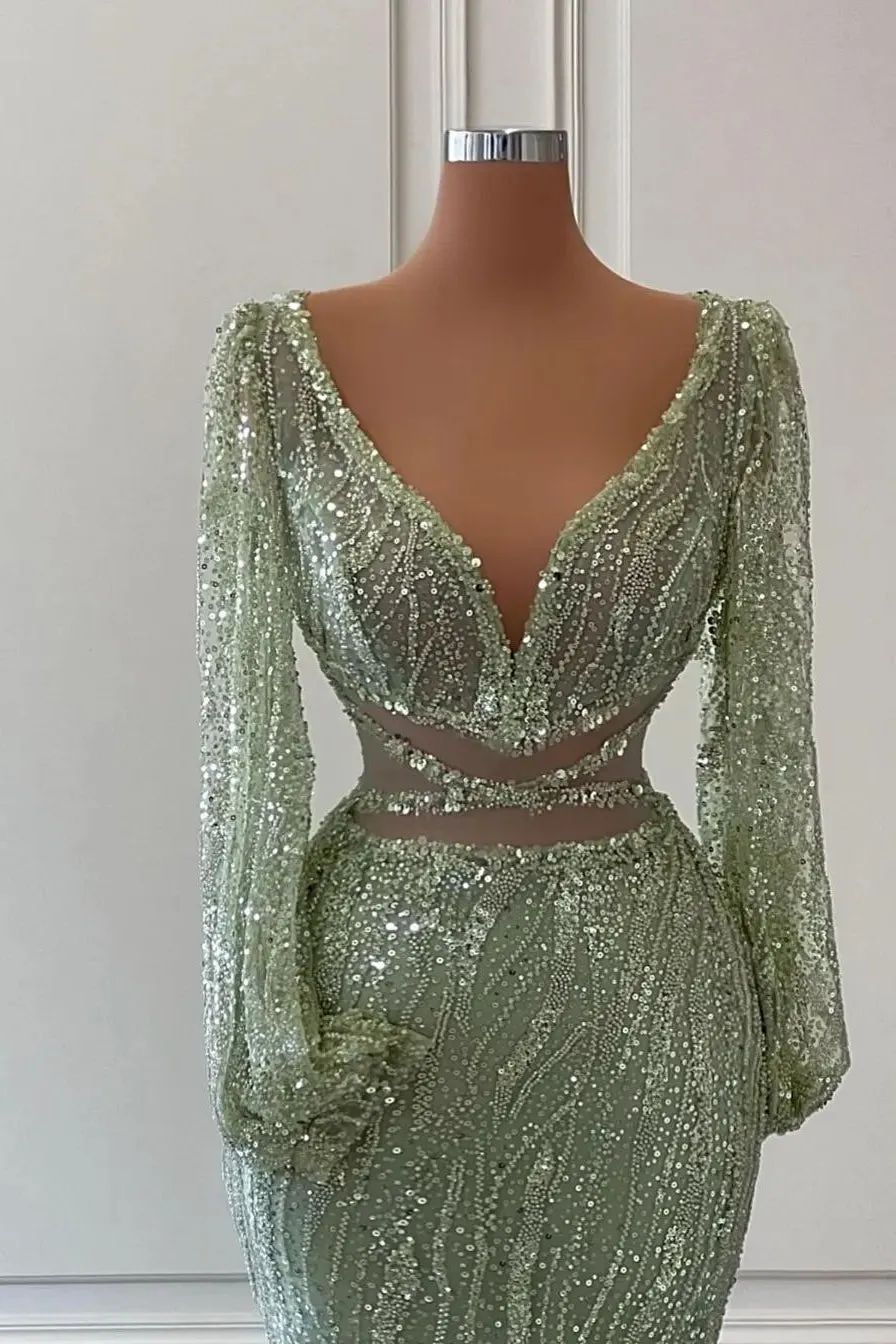 Shining Mermaid Prom Dresses V-neck Long Sleeves Sequins Appliques Design on Waist Floor Length Zipper Plus Size Custom Made Formal Party Dress Vestido De Noite