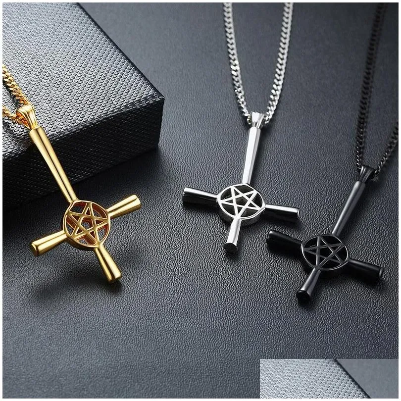 Pendant Necklaces Inverted Pentagram Cross Necklace Mens Satanic Symbol Stainless Steel Upside Down Lucifer Satan Crucifix Drop Deliv Dhf2M