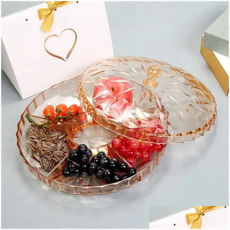 Plates 6 Compartment Snack Tray Dustproof Round Serving With Lid Plastic Divided For Dried Fruits