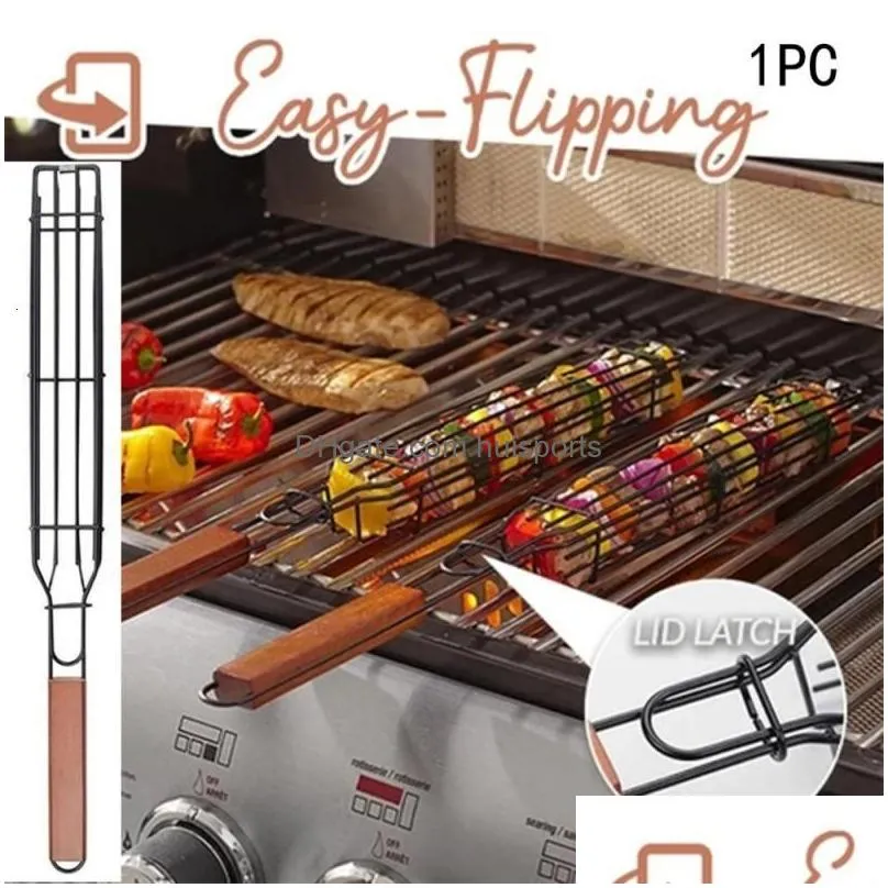 Others9 Bbq Tools Accessories Grilling Basket Portable Stainless Steel Nonstick Reusable Durable Anti-Corrosion Wooden Handle Grill Dhequ