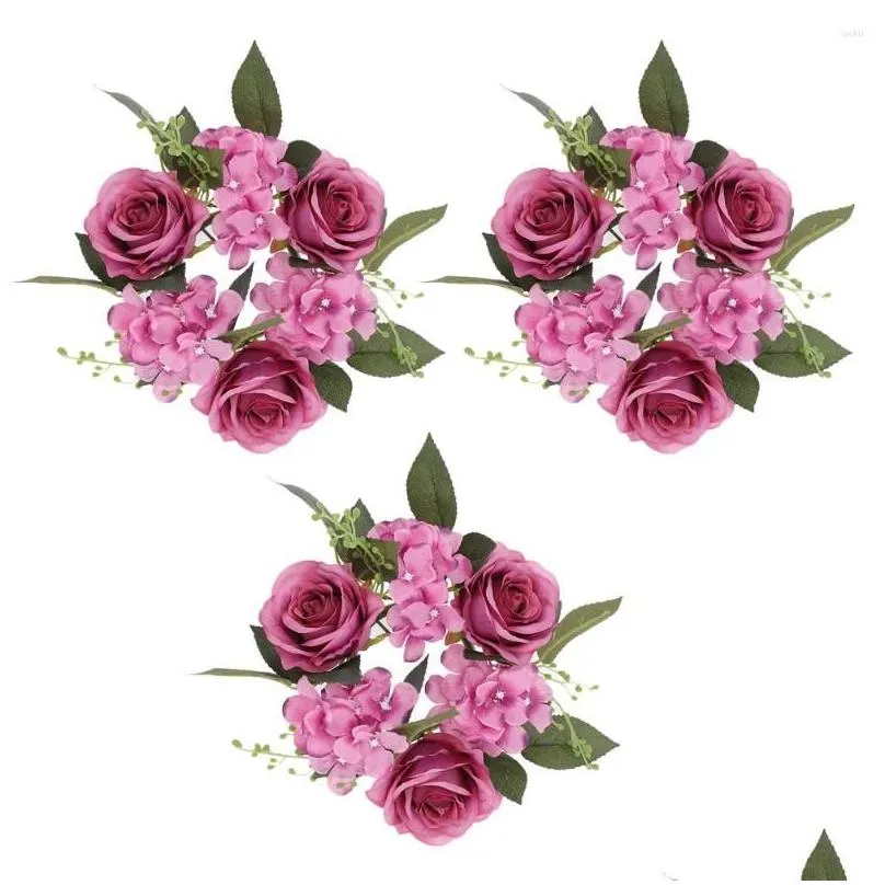 Decorative Flowers Artificial Rose Flower Candle Rings Floral Wreaths Pillar Holder For Christmas Wedding Party Table Decoration