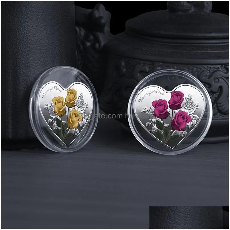 heart-shaped rose valentines day gift metal commemorative coins 52 languages i love you medal challenge coin crafts wly935