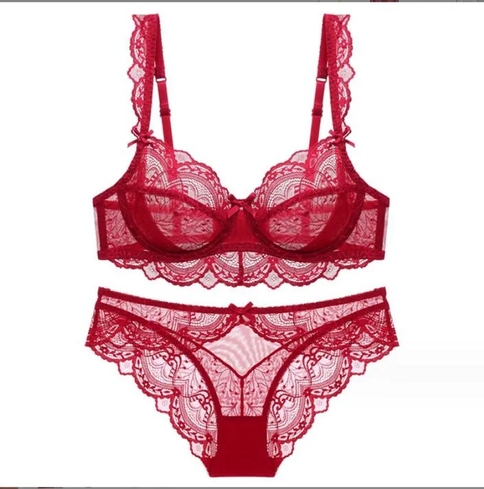 european and american sexy underwear womens ultra-thin hollow no sponge transparent lace underwear big chest show small plus size bra set