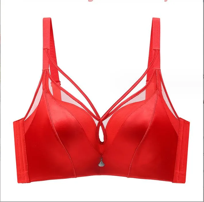 2023 new satin soft gathered big red underwear sexy breasts crossover strap bra