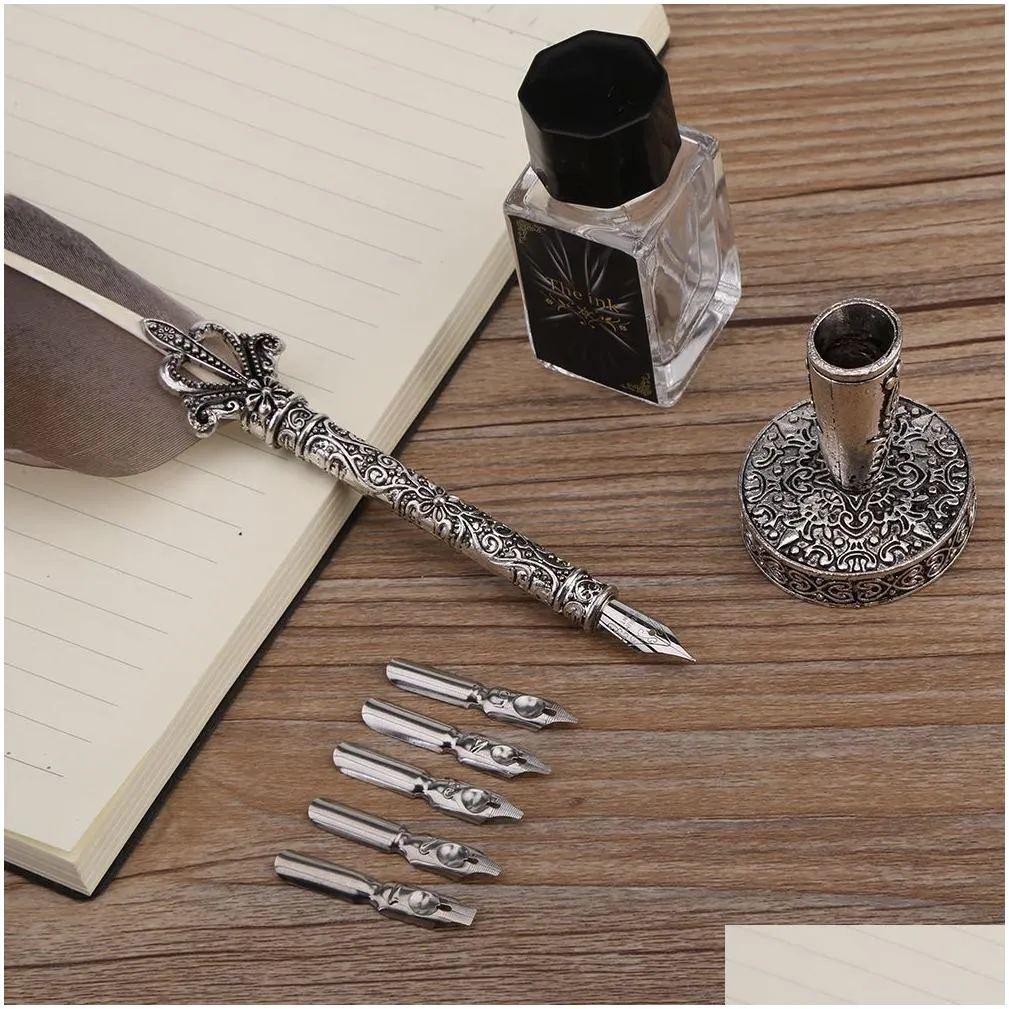 1 set english calligraphy feather dip quill pen writing ink set stationery gift box with 5 nibs red wedding gift quill pen