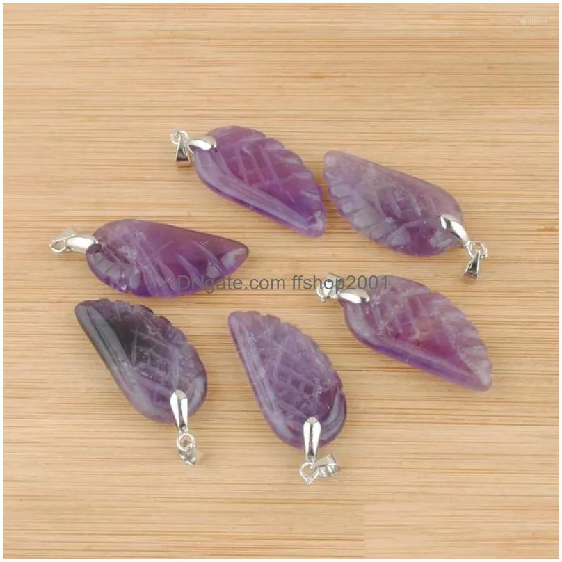 pendant necklaces 6pcs/lot natural amethysts stone angel wing charm for purple crystal wedding decoration jewelry in3530