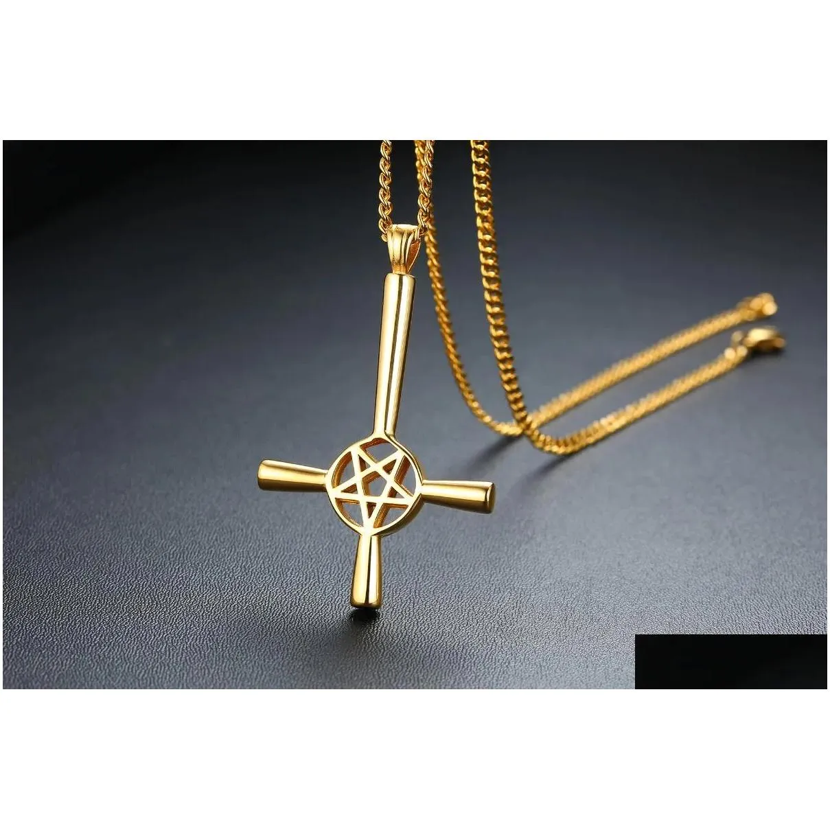 Pendant Necklaces Inverted Pentagram Cross Necklace Mens Satanic Symbol Stainless Steel Upside Down Lucifer Satan Crucifix Drop Deliv Dhf2M