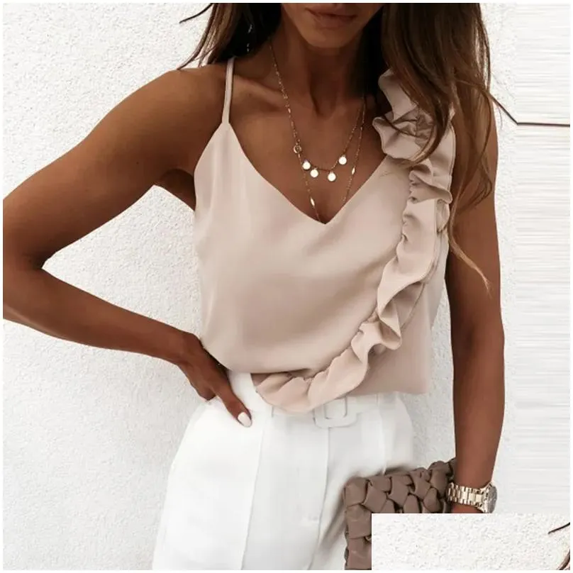 Women Elegant V Neck Ruffle Blouse Shirts 2020 Summer Sexy Backless Spaghetti Strap Tops Ladies Sleeveless Solid Color Blouses1