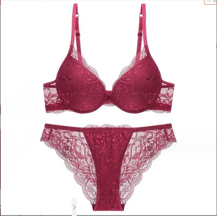 european and american deep v womens underwear sexy lace bra thin top and thick bottom gathered breathable and comfortable bra set