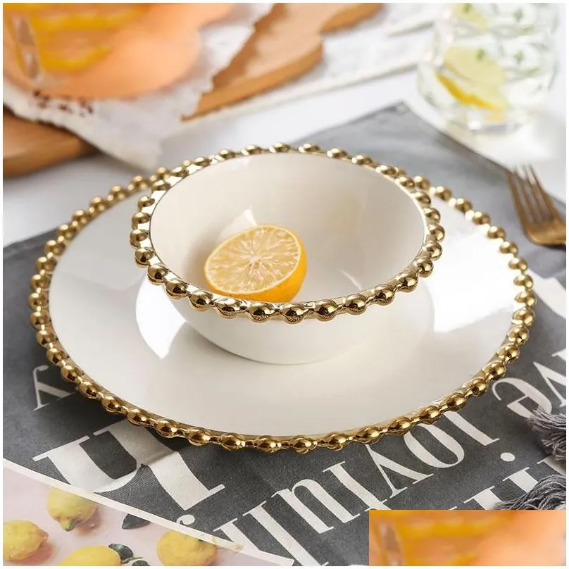 Plates Nordic Ceramic Dinner Plate With Gold Beaded Rim Round Dessert Appetizer Serving Dishes Soup Salad Bowl Snack Container
