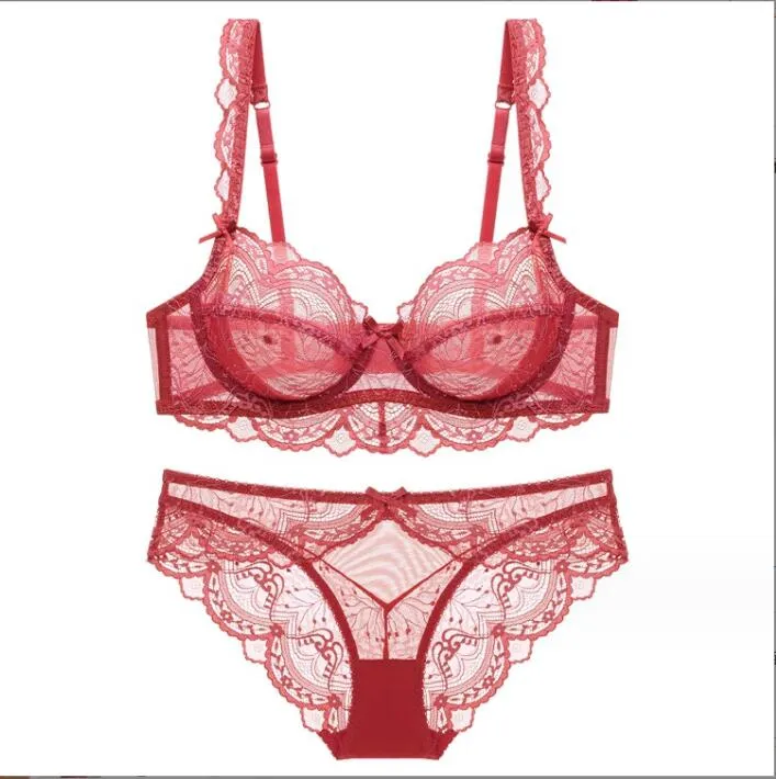 european and american sexy underwear womens ultra-thin hollow no sponge transparent lace underwear big chest show small plus size bra set