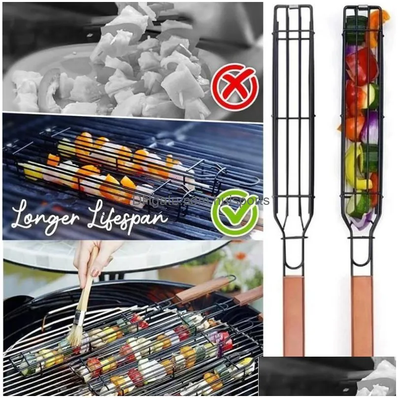 Others9 Bbq Tools Accessories Grilling Basket Portable Stainless Steel Nonstick Reusable Durable Anti-Corrosion Wooden Handle Grill Dhequ