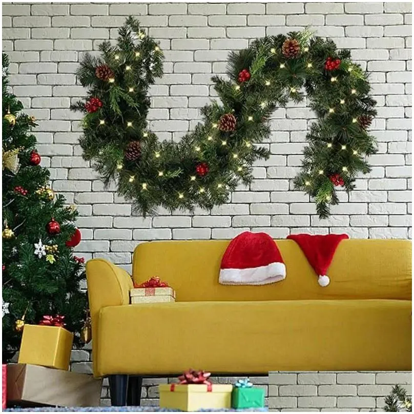 Decorative Flowers Christmas Garland Decorations Light With Red Berry 70.8inch Aesthetic Thickened Battery Operated Pine