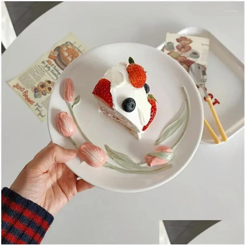 Plates INS Wind 3D Tulip Ceramic Dessert Plate Breakfast Bowl Girl Heart Cute Cake Tableware Ritual Decoration