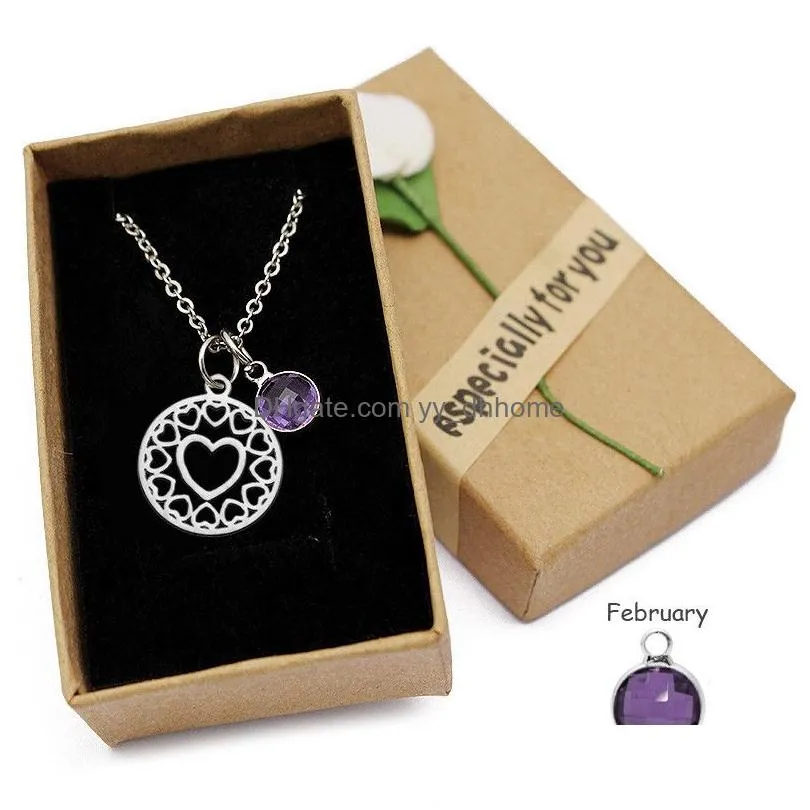  selling love heart pendant necklace stainless steel charm colorful 12 birthstone for women crystal jewelery mothers day love