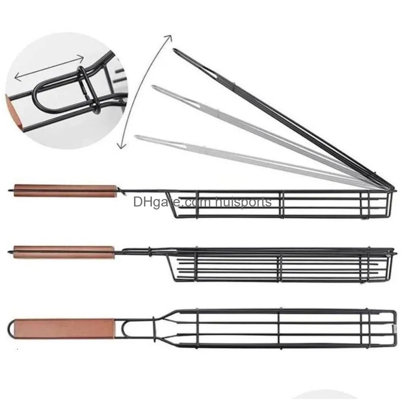 Others9 Bbq Tools Accessories Grilling Basket Portable Stainless Steel Nonstick Reusable Durable Anti-Corrosion Wooden Handle Grill Dhequ