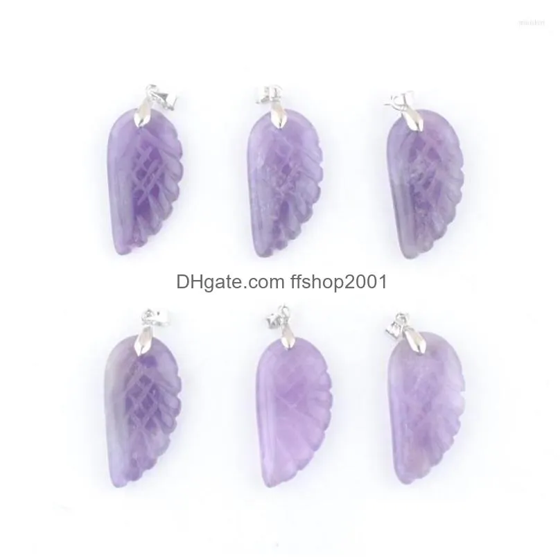 pendant necklaces 6pcs/lot natural amethysts stone angel wing charm for purple crystal wedding decoration jewelry in3530