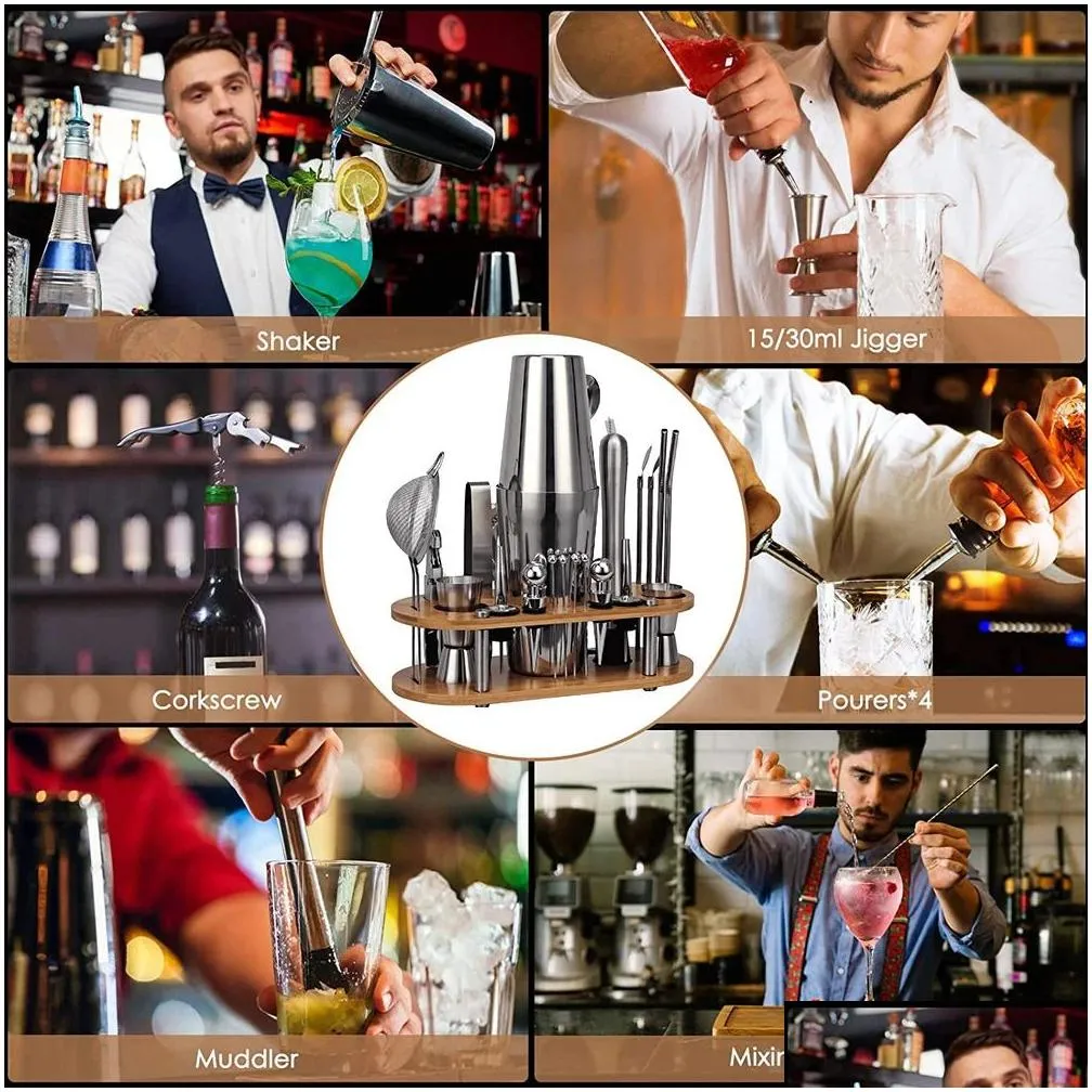 Bar Tools 23-Piece Cocktail Shaker Set Bartender Kit With Oval Bamboo Stand Detachable Home Bar Tools Stainless Steel Perfect Gift