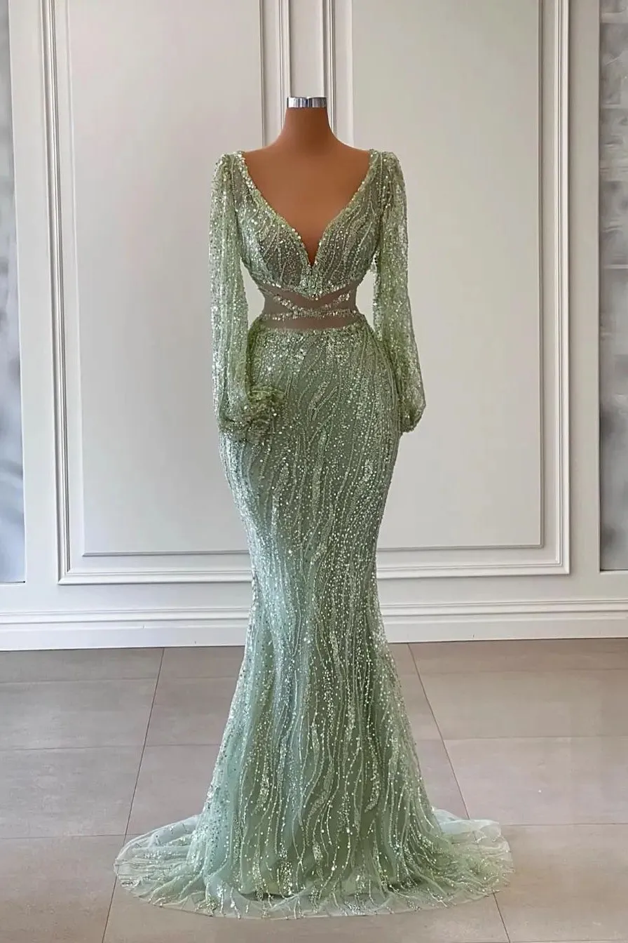 Shining Mermaid Prom Dresses V-neck Long Sleeves Sequins Appliques Design on Waist Floor Length Zipper Plus Size Custom Made Formal Party Dress Vestido De Noite