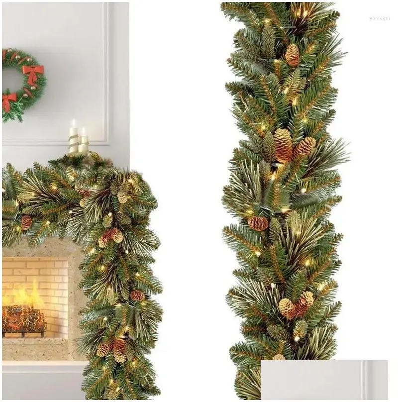 Decorative Flowers Christmas Garland With Lights Artificial Red Fruits And Pine Cones Garlands Decor For Door Fireplace Wall
