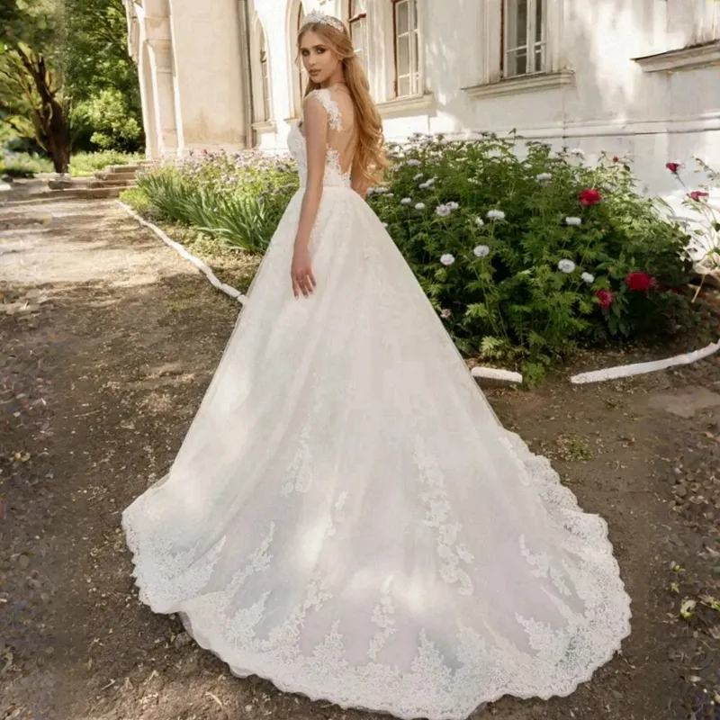 Lacefull Country Wedding Dresses Sheer Neck Lace Bridal Gowns for African Arabic Nigeria Bride Beaded Beach Dress with Belt Tiered D043