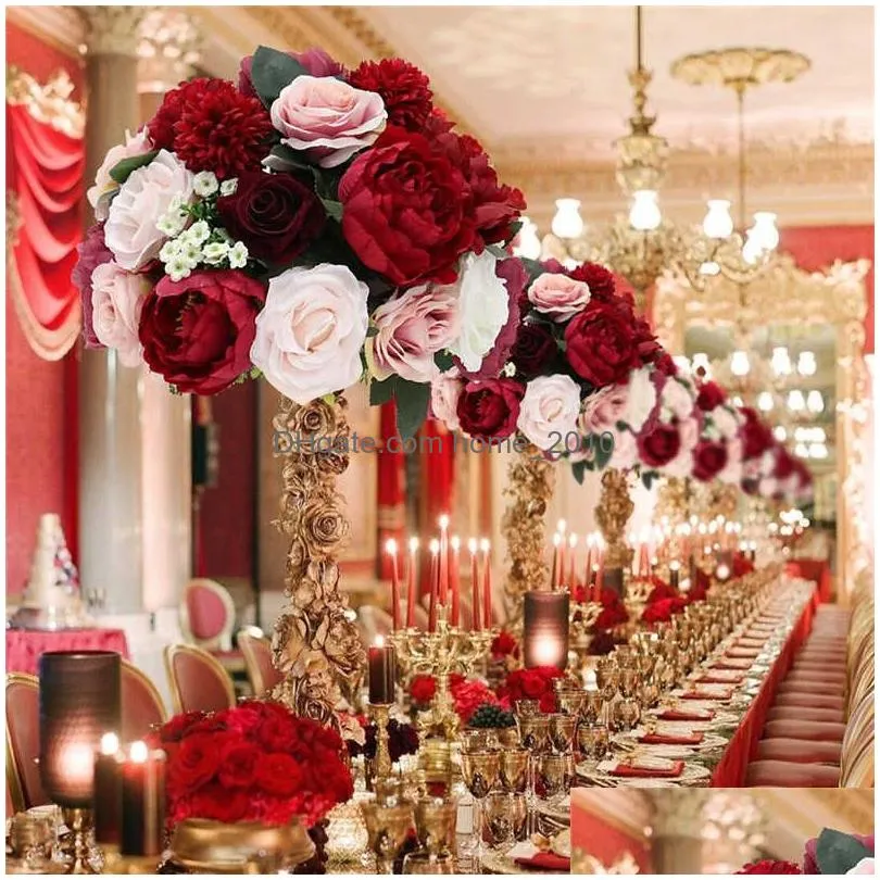 homemade burgundy red artificial flower ball table centerpiece wedding decor party flower row arrangement christmas garland gift