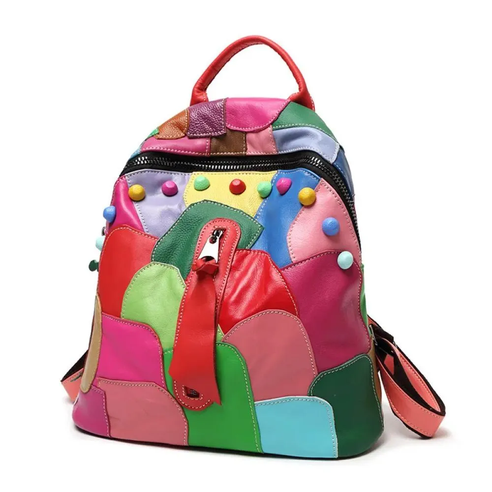 Natural Women Travel Bags Rivets Lady Backpacks Student Rainbow Colorful Patchwork Real Genuine Leather Backpack Girls Shoulder