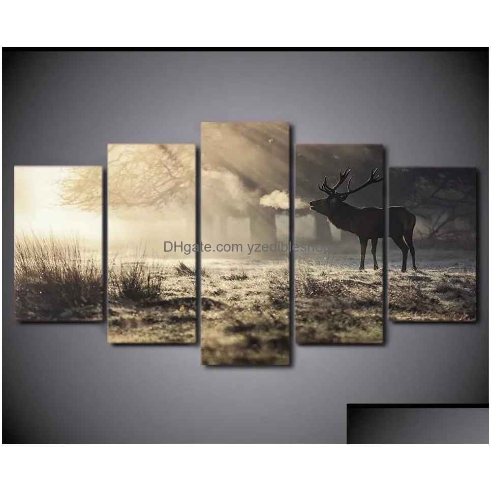 5 pieces canvas painting for living room home decor winter deer posters hd prints wall art picture9576957